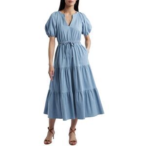 Anne Klein Womens Puff Sleeve Tiered Denim Midi Dress XL Pale Wash NWT $129